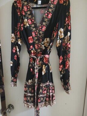 VENUS Black Floral Wrap Mini Dress with Pink & Cream Blooms